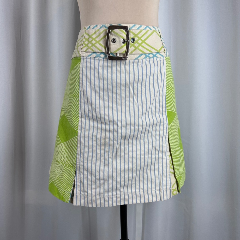 Custo Barcelona Patchwork Mini Skirt Belted Y2K Green Blue Retro Womens 8